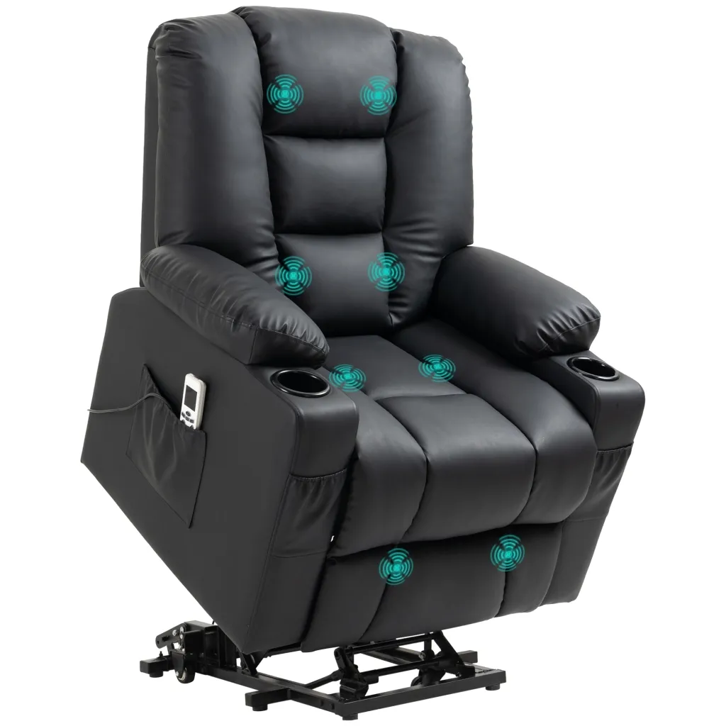 Fotelja na razvlačenje s pomoći pri podizanju USB priključak funkcija masaže umjetna koža do 150 kg 90x98x102 cm crna