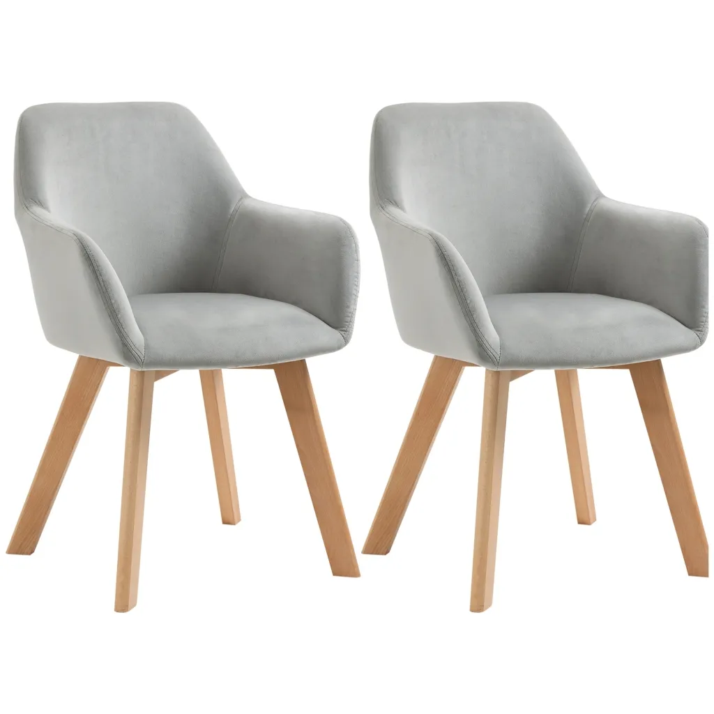 Set od 2 stolice blagovaonske stolice baršunasti izgled drvene noge 54 cm x 57 cm x 80 cm siva + prirodna boja