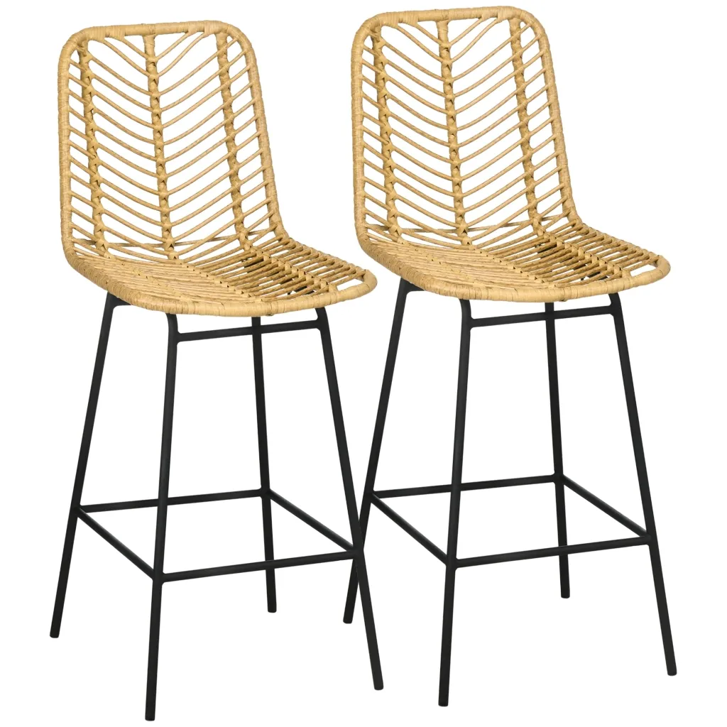 Set od 2 barske stolice s naslonom boho dizajn PE ratan uključujući oslonac za noge 42 5 cm x 52 cm x 102 cm žuta + crna