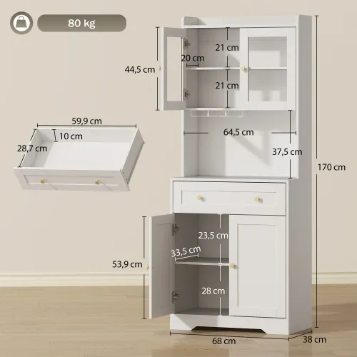 Kuhinjski ormarić s radnom površinom, držač za vinske čaše, ostava za kuhinju, blagovaonicu, 170 cm, MDF, staklo, bijela Cijena