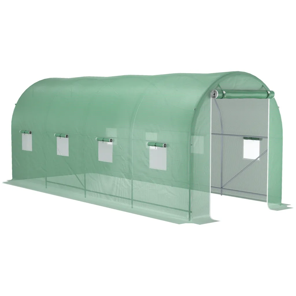 Plastenički tunel staklenik s vratima i 8 prozora pocinčani čelik i PE uklj. sidra i užad 500 x 200 x 205 cm zeleni