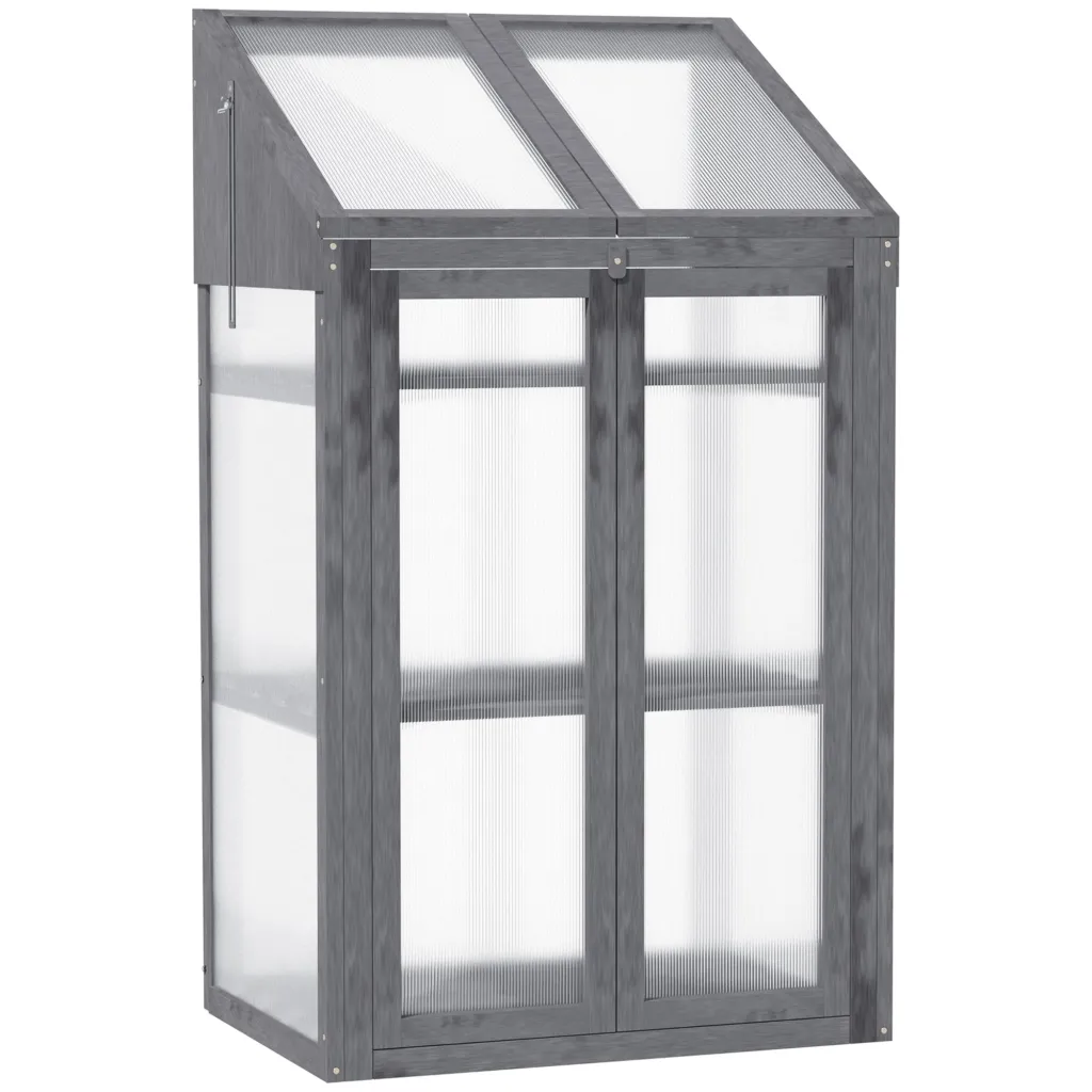 Mini staklenik mali staklenik s drvenim okvirom prozorom i dvostrukim vratima 3 police 70D x 50Š x 120V cm sivi