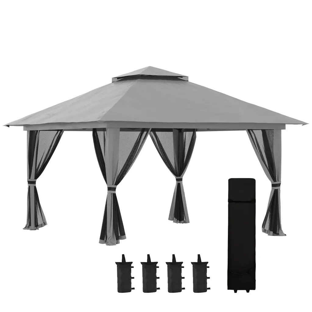 Sklopivi paviljon podesiv po visini 4 mrežaste stijenke ventilirani krov torba tamno siva 4 x 4 x 3 m