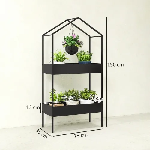 Stalak za cvijeće u obliku kućice s 2 kata, visine 150 cm, s kukama, metalni, crni Cijena