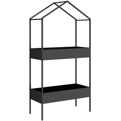 Stalak za cvijeće u obliku kućice s 2 kata, visine 150 cm, s kukama, metalni, crni Cijena