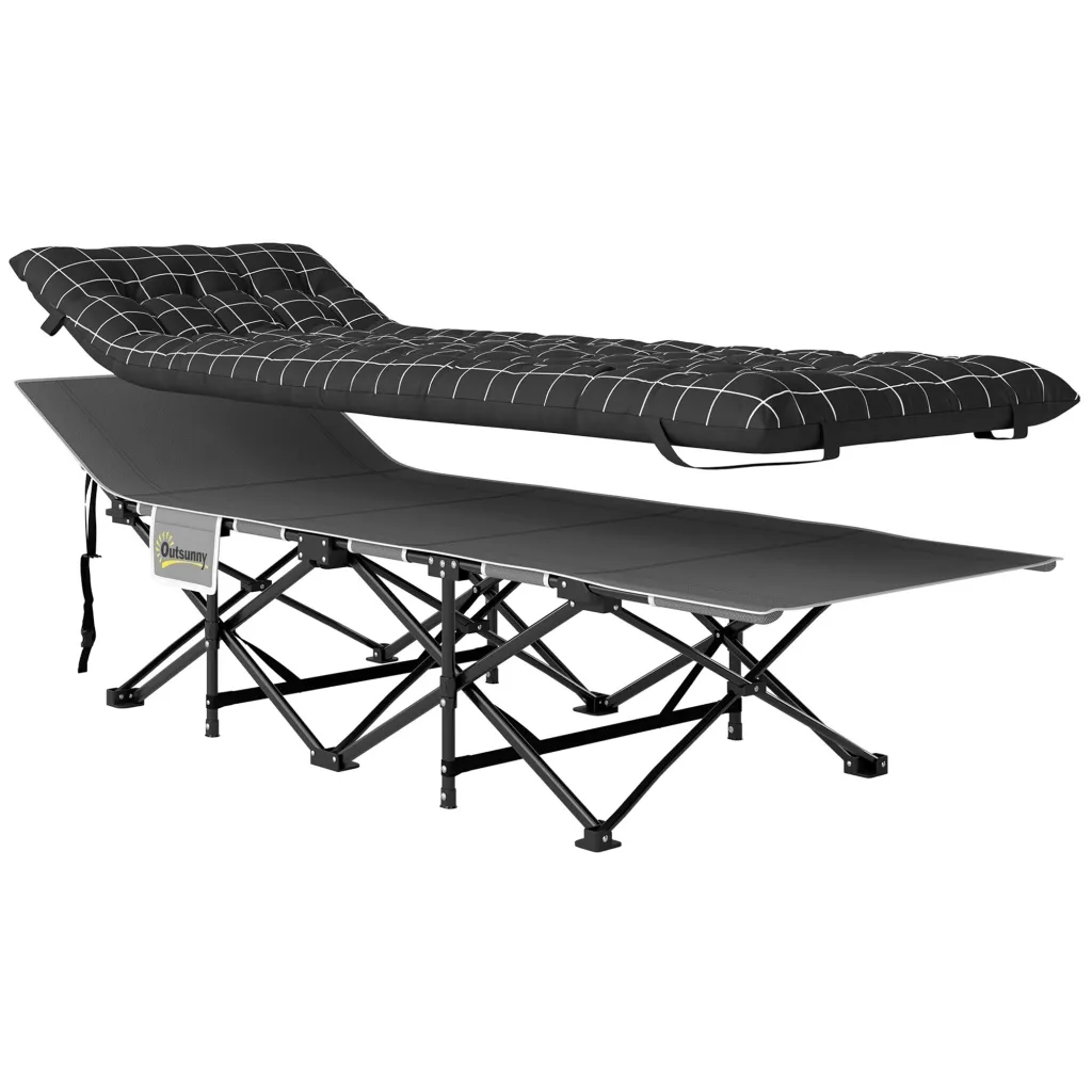 Sklopivi krevet za kampiranje krevet za kampiranje s madracem ergonomski metalni okvir crni