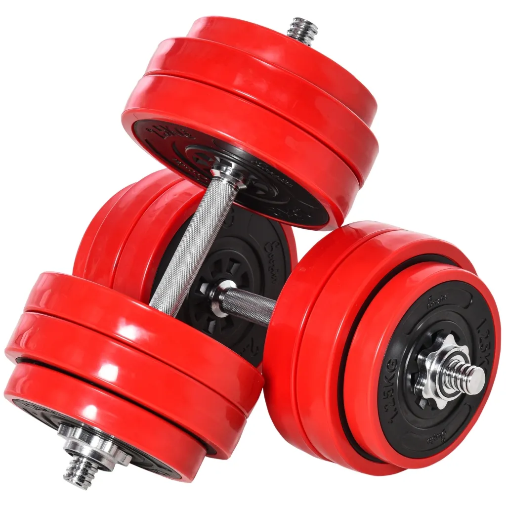 Set bučica 20/30 kg 2-u-1 podesive bučice i šipka čelik plastika crveno-crni