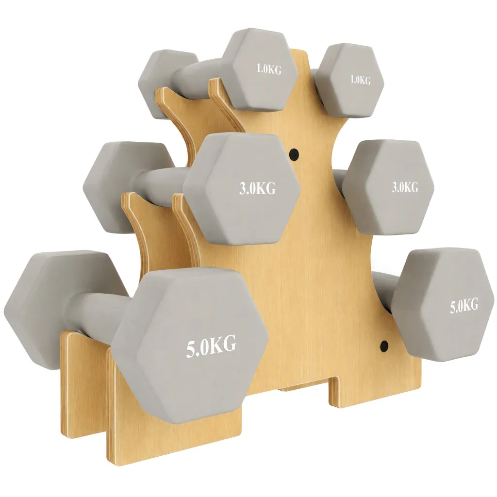Set bučica 3 para (1 kg 3 kg 5 kg) s drvenim postoljem svijetlo sivi