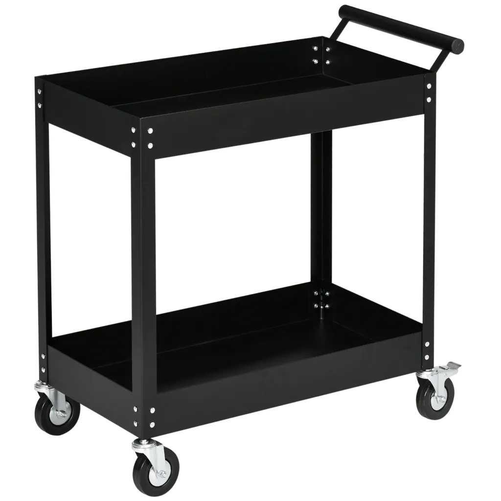 Radionička kolica 2 police kolica s kotačima 4 kotača čelik do 150 kg 84 5 x 38 x 84 cm crna