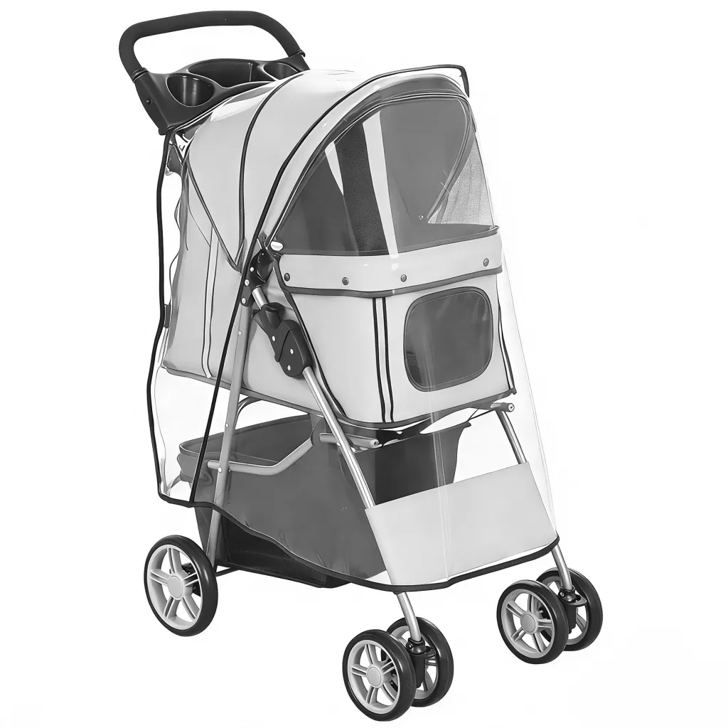 Sklopiva kolica za pse i mačke do 10 kg s navlakom za kišu 77x44x102 cm siva