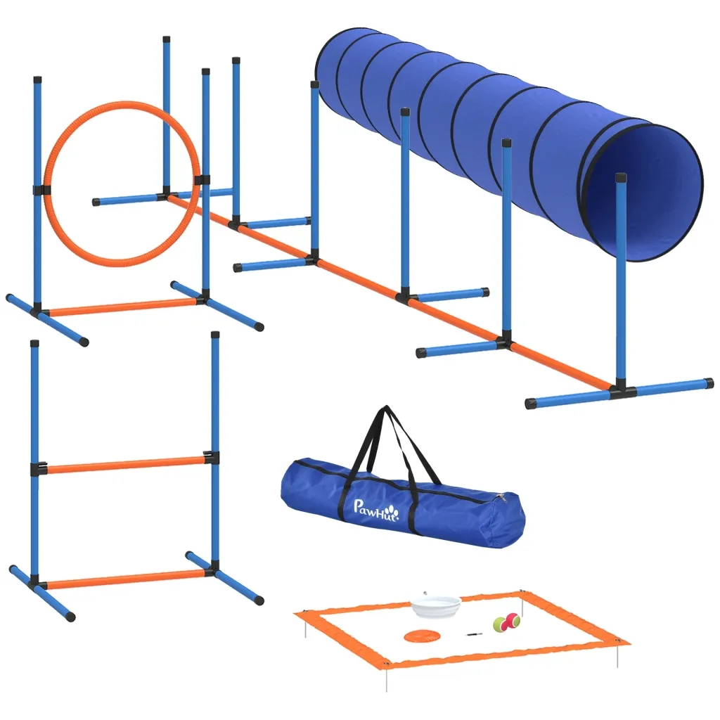 Set za agility trening pasa 8 dijelova s tunelom slalomskim motkama podesivim preponama obručem za skakanje i zdjelom.