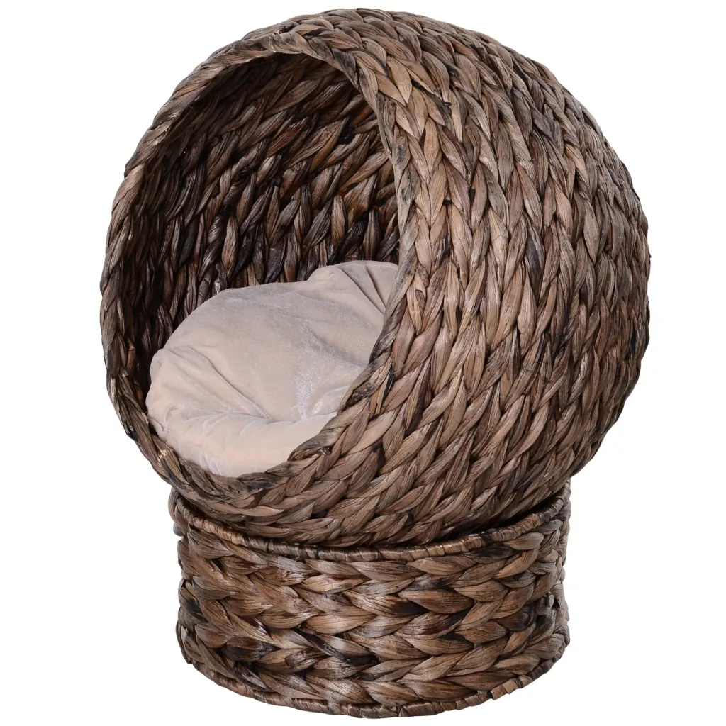 Košara za mačke od vodenog zumbula s jastukom 50 cm x 42 cm x 60 cm smeđa + bež