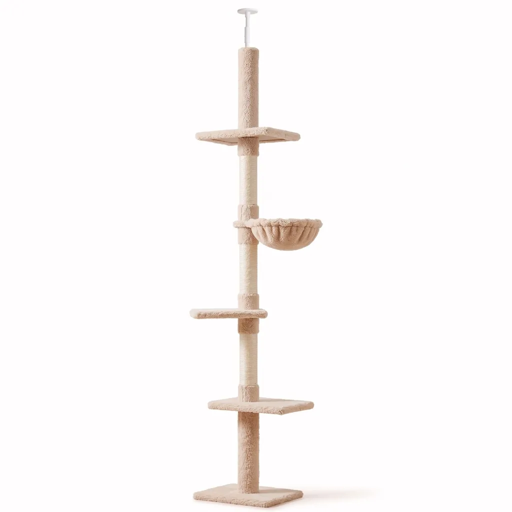 Drvo za mačke s podesivom visinom do stropa sisal stupovi bež 40 x 34 x 230‑260 cm