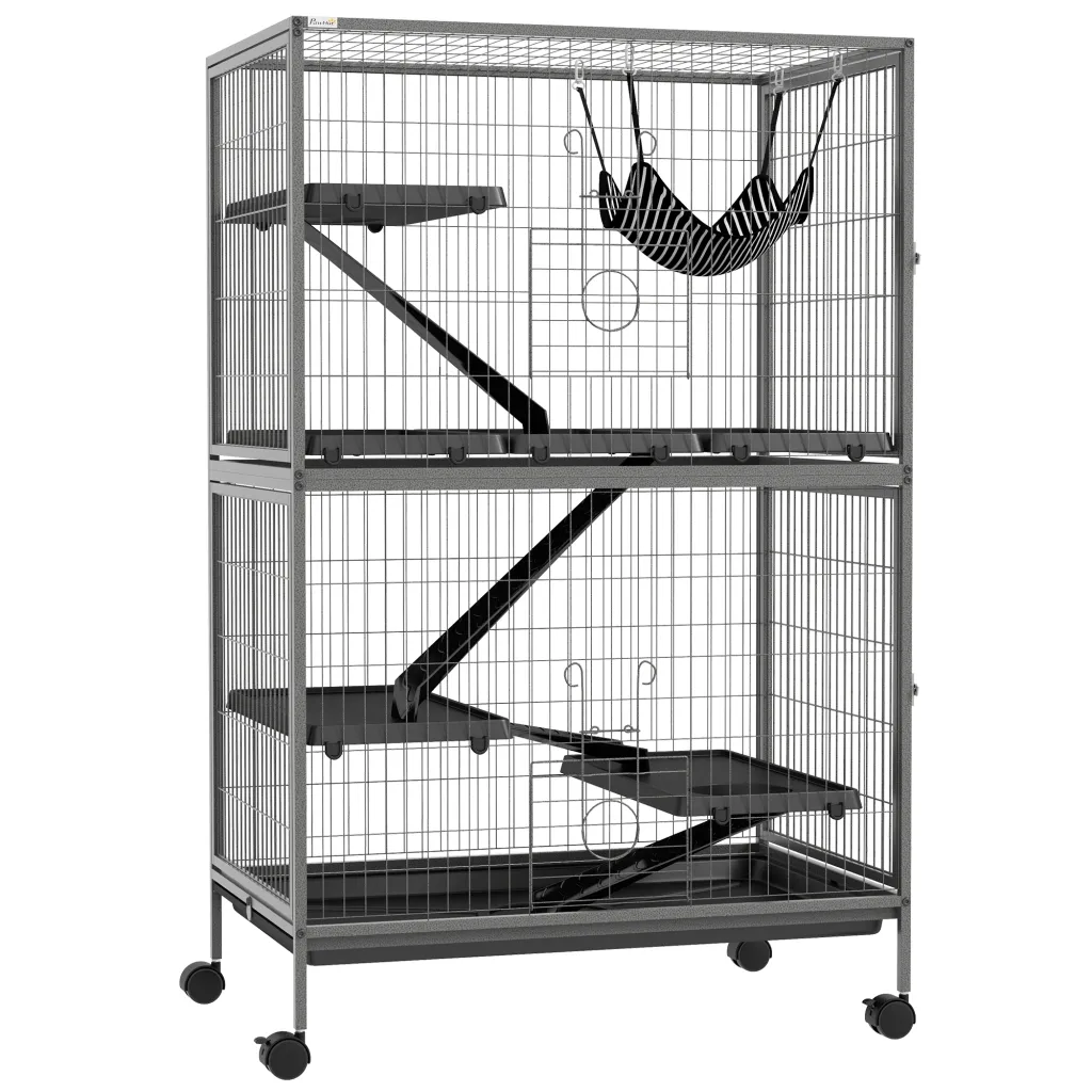 Kavez za male životinje s visećom mrežom kavez za glodavce s kotačima kavez s 4 kata metal plastika 80 x 52 x 128 cm siva