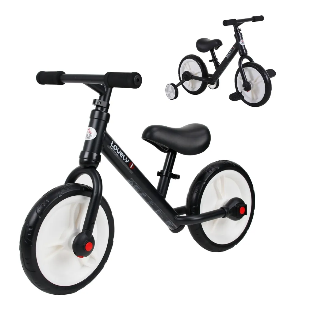 Dječji balansni bicikl s pedalama i pomoćnim kotačićima (2-5 god) podesivo sjedalo crni