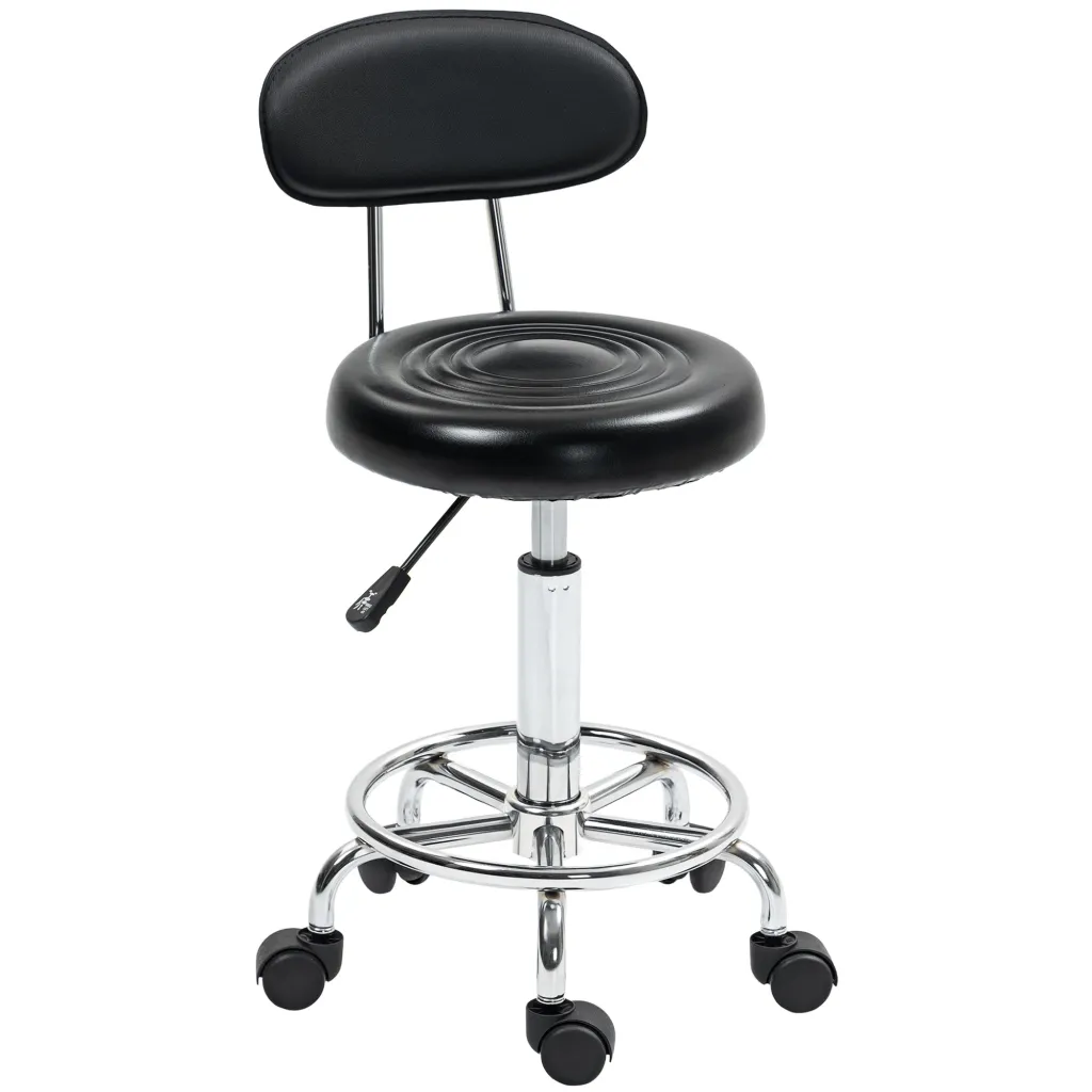 Stolica na kotačiće okretna i podesiva s naslonom presvlaka od umjetne kože oslonac za noge za toaletne stoliće crna