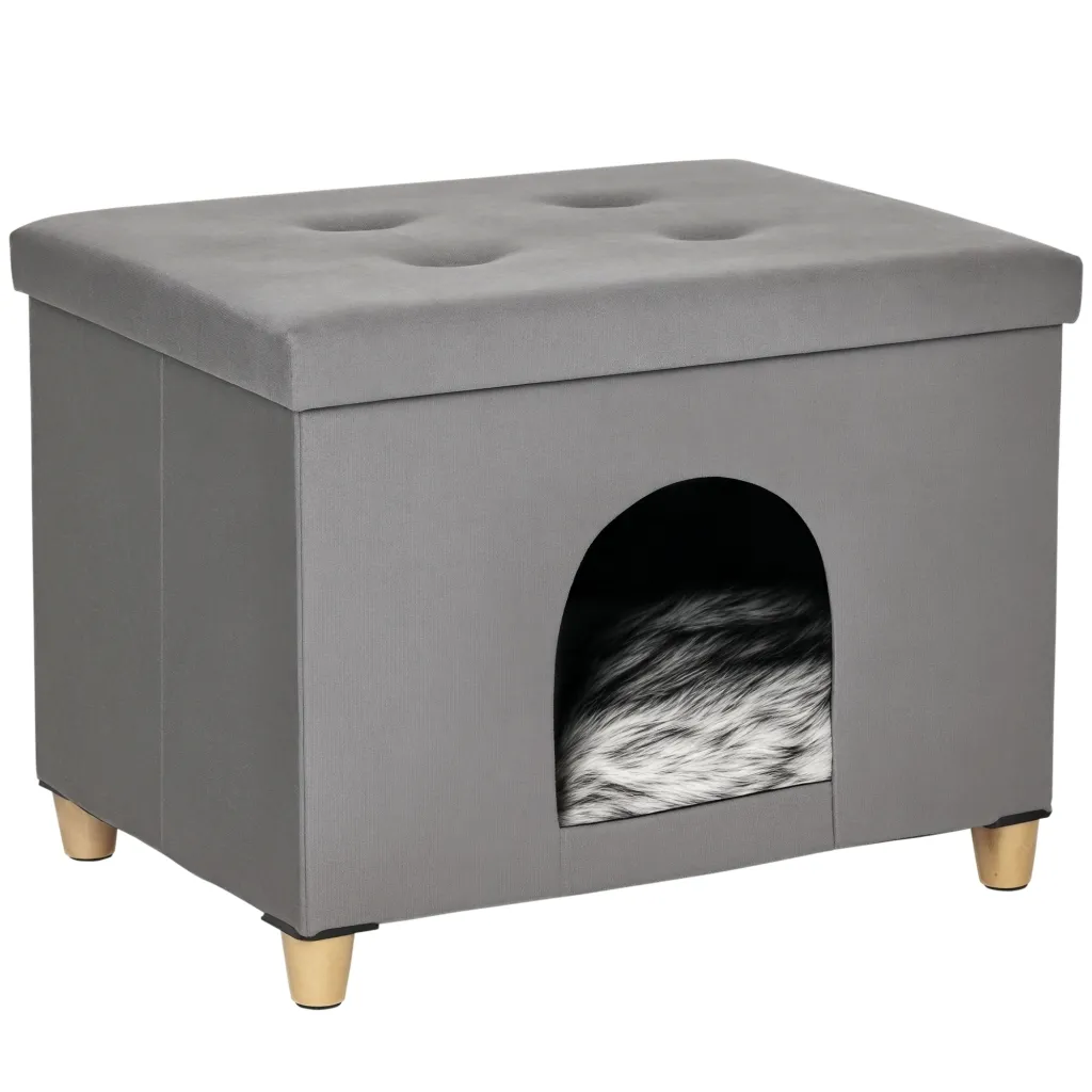 2-u-1 podnožje za mačke s jastukom kućica drvene noge mdf pliš sivo 60x45x44 5 cm