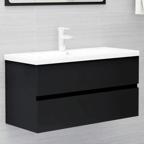Ormarić s ugrađenim Lavabo - Umivaonikom od konstruiranog drva crni - Crna 90 x 38.5 x 45 cm 1 bez slavine i odvoda Cijena