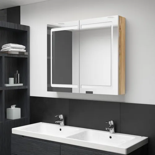 LED kupaonski ormarić s ogledalom bijeli i hrast 80x12x68 cm - bijela i hrast Cijena