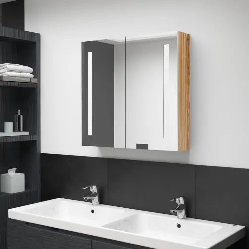 LED kupaonski ormarić s ogledalom bijeli i hrast 62x14x60 cm - Bijela i hrast 62 x 14 x 60 cm Cijena