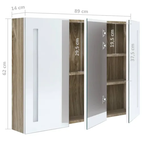 LED kupaonski ormarić s ogledalom 89x14x62 cm bijeli i hrast - Bijela i hrast 89 x 14 x 62 cm Cijena
