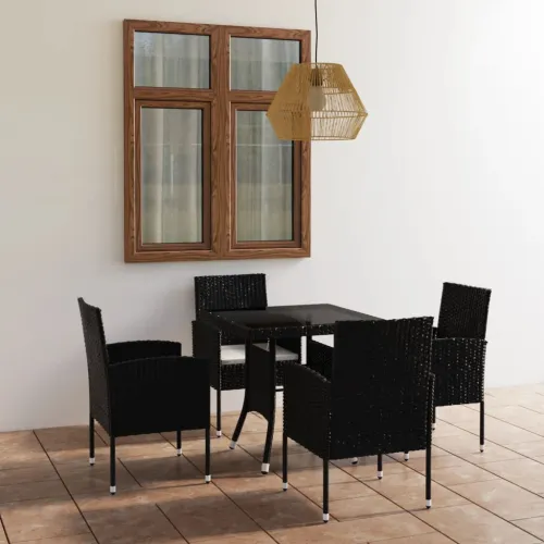 Vrtna garnitura - 5-dijelni vrtni blagovaonski set od poliratana crni - Crno-bijelo Dužina stola 80 cm Cijena