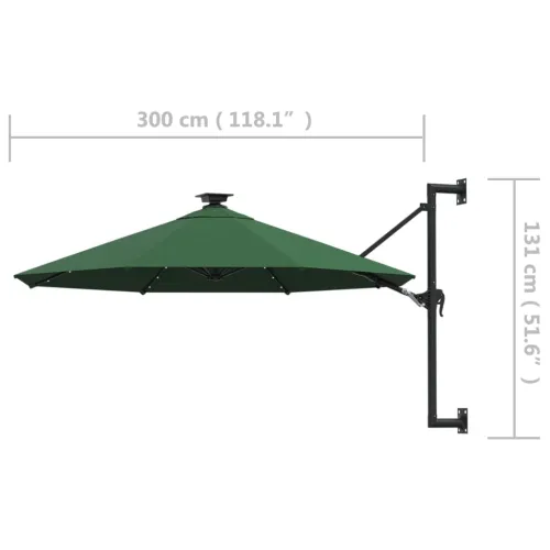 Zidni vrtni suncobran s LED svjetlima 300 cm zeleni - Zelena Cijena