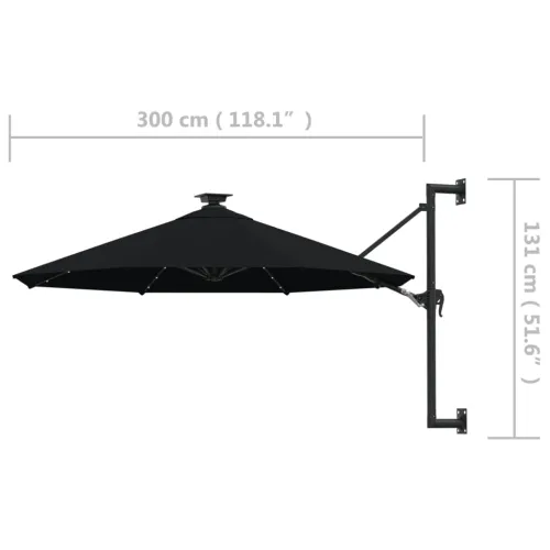 Zidni vrtni suncobran s LED svjetlima 300 cm crni - Crna Cijena