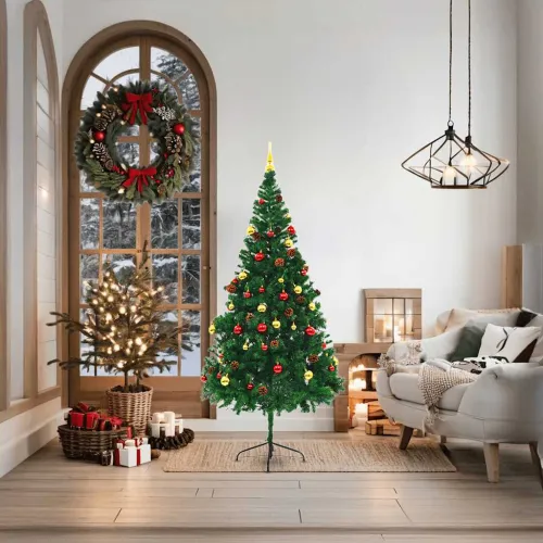 Umjetno osvijetljeno božićno drvce s kuglicama zeleno 180 cm - Zelena 180 x 90 cm Cijena
