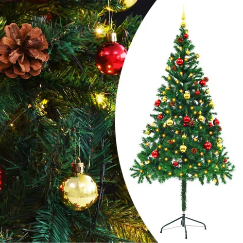 Umjetno osvijetljeno božićno drvce s kuglicama zeleno 180 cm - Zelena 180 x 90 cm Cijena
