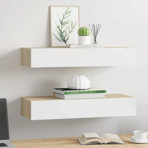 Zidne police s ladicama 2 kom. hrast i bijela 60x23,5x10 cm MDF - Boja hrasta i bijela 60 x 23.5 x 10 cm 2 Cijena