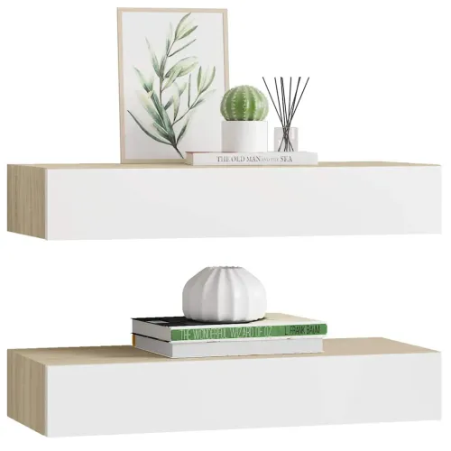 Zidne police s ladicama 2 kom. hrast i bijela 60x23,5x10 cm MDF - Boja hrasta i bijela 60 x 23.5 x 10 cm 2 Cijena