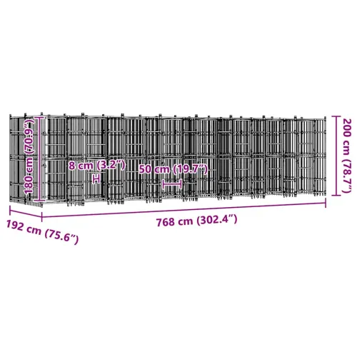 Vanjski kavez za pse čelični 14,75 m² - 768 x 192 x 200 cm Bez krova Cijena
