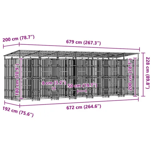 Vanjski kavez za pse s krovom čelični 12,9 m² - 672 x 192 x 200 cm S krovom Cijena