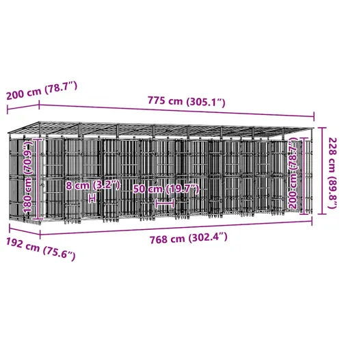 Vanjski kavez za pse s krovom čelični 14,75 m² - 768 x 192 x 200 cm S krovom Cijena
