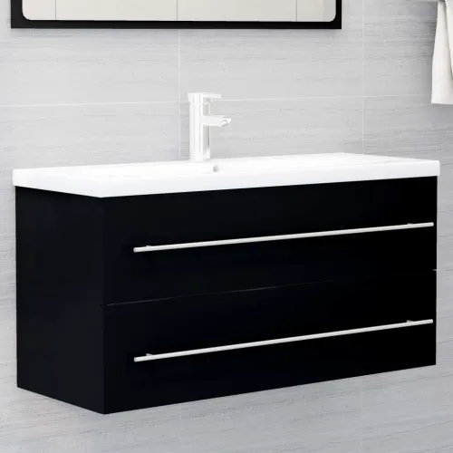 Ormarić s ugrađenim Lavabo - Umivaonikom crni konstruirano drvo - Crna 100 x 38.5 x 48 cm bez slavine Cijena