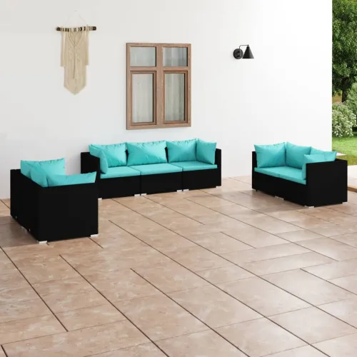 7-dijelna vrtna garnitura od poliratana s jastucima crna - Crna i plava boja vode 6x kutna + srednja Cijena