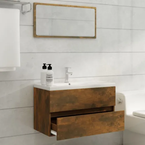 Ormarić s ugrađenim Lavabo - Umivaonikom boja dimljenog hrasta drveni - Dimljeni hrast 80 x 38.5 x 45 cm 1 sa slavinom i odvodom Cijena