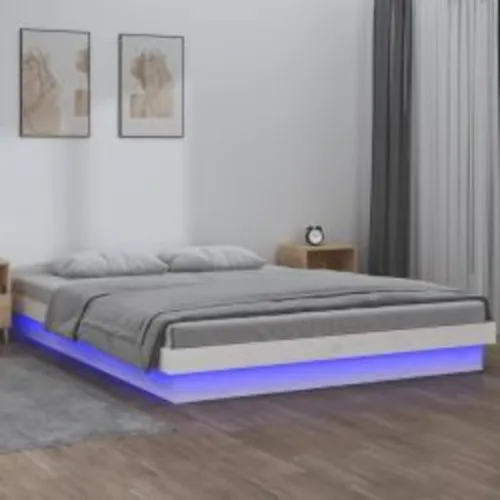 LED Okvir za krevet bijeli 140 x 200 cm od masivnog drva - Bijela 140 x 200 cm Cijena