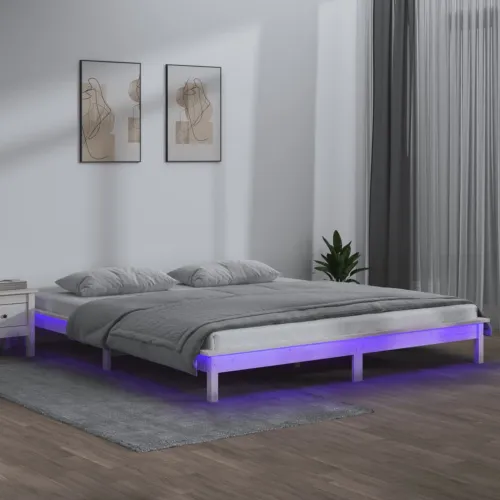 LED okvir kreveta bijeli 150 x 200 cm bračni od masivnog drva - Bijela 150 x 200 cm Cijena