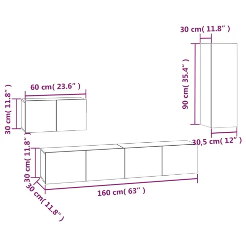 4-dijelni set TV ormarića bijeli od konstruiranog drva - Bijela 4 90 cm Bijela Cijena