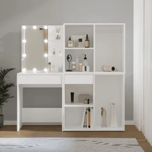 LED toaletni stolić s 2 ormarića bijeli od konstruiranog drva - Bijela Cijena