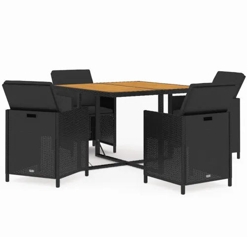 Vrtna garnitura - 5-dijelni vrtni blagovaonski set s jastucima od poliratana crni - Crna Dužina stola 109 cm 4 x fotelja + stol  Cijena