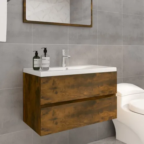Ormarić s ugrađenim Lavabo - Umivaonikom boja dimljenog hrasta drveni - Dimljeni hrast 80 x 38.5 x 45 cm 1 bez slavine i odvoda Cijena