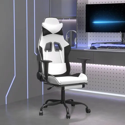 Masažna Gaming stolica s osloncem bijelo-crna od umjetne kože - Bijela i crna Sa naslonom za noge Cijena
