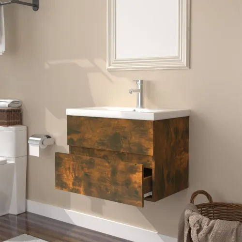 Ormarić s ugrađenim Lavabo - Umivaonikom boja dimljenog hrasta drveni - Dimljeni hrast 60 x 38.5 x 45 cm bez slavine i odvoda Cijena