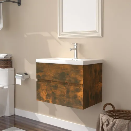 Ormarić s ugrađenim Lavabo - Umivaonikom boja dimljenog hrasta drveni - Dimljeni hrast 60 x 38.5 x 45 cm bez slavine i odvoda Cijena