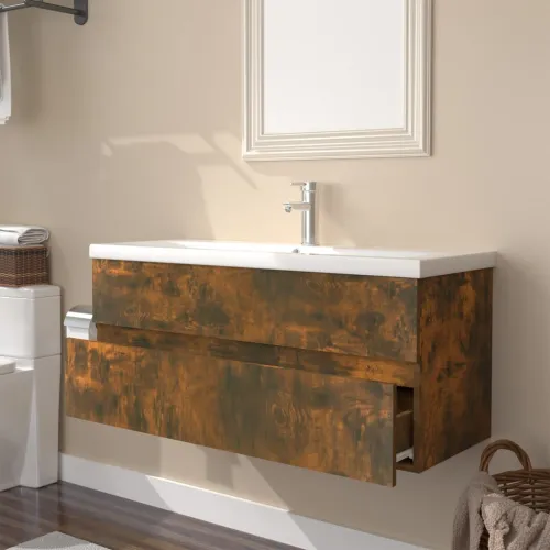 Ormarić s ugrađenim Lavabo - Umivaonikom boja dimljenog hrasta drveni - Dimljeni hrast 100 x 38.5 x 45 cm bez slavine i odvoda Cijena