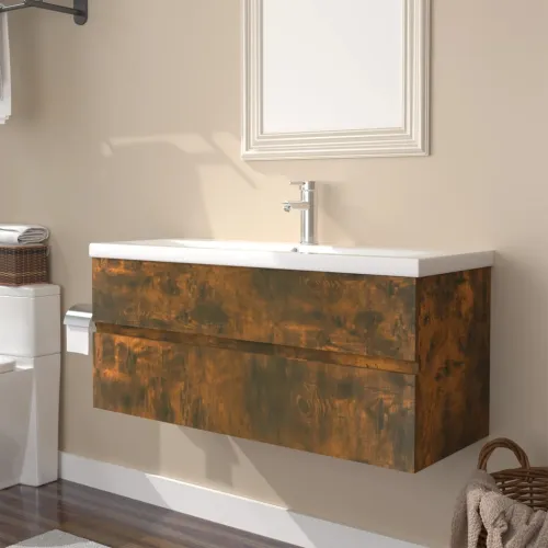 Ormarić s ugrađenim Lavabo - Umivaonikom boja dimljenog hrasta drveni - Dimljeni hrast 100 x 38.5 x 45 cm bez slavine i odvoda Cijena
