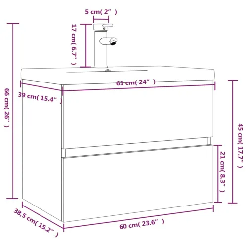 Ormarić s ugrađenim Lavabo - Umivaonikom boja dimljenog hrasta drveni - Dimljeni hrast 60 x 38.5 x 45 cm sa slavinom i odvodom Cijena